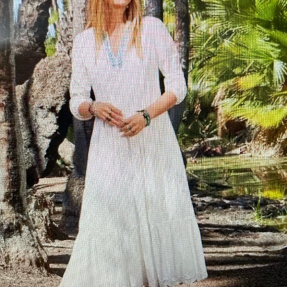 Johnny Was Baraz MIDI Dress Antique Whte with blue trim